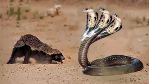 动物世界:平头哥蜜獾捕杀巨型眼镜蛇 吃蛇就象吃雪糕!